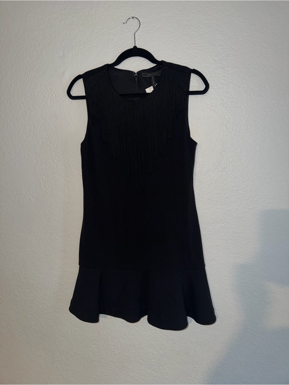 BCBGMaxAzria Black Sleeveless Fringe-Trim Fit & Flare Mini Dress